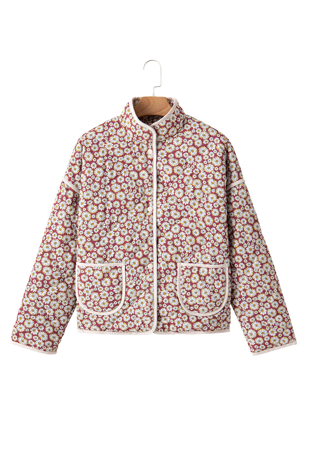 Chic pink floral contrast edge coat with stand neck design