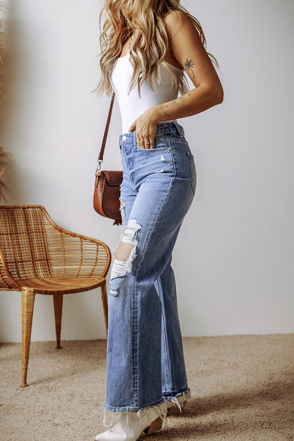 Chic Ashleigh blue high-waist straight leg jeans with raw hem detail