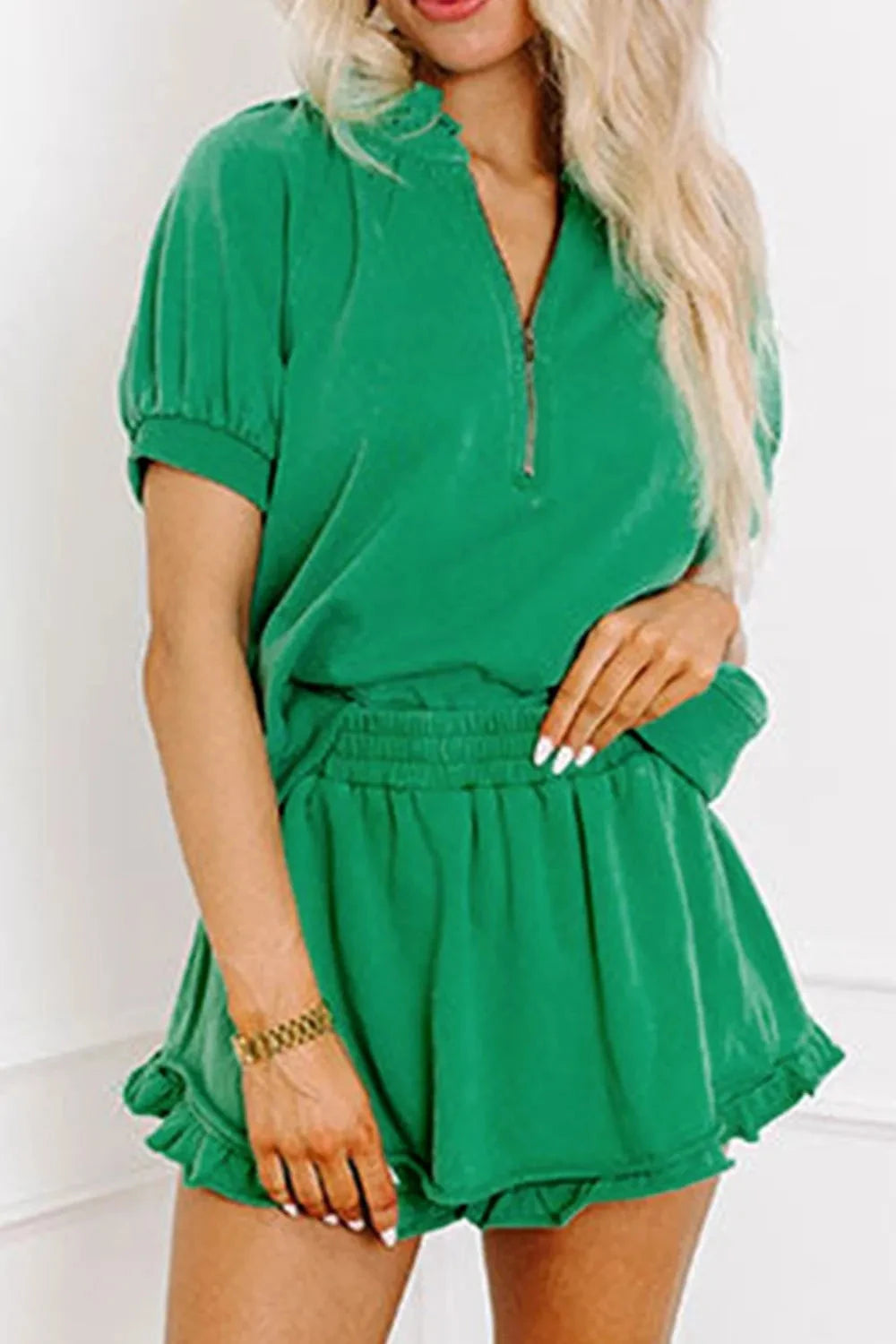 Frill Zip Front Puff Sleeve Top and Skort Set Simply Love