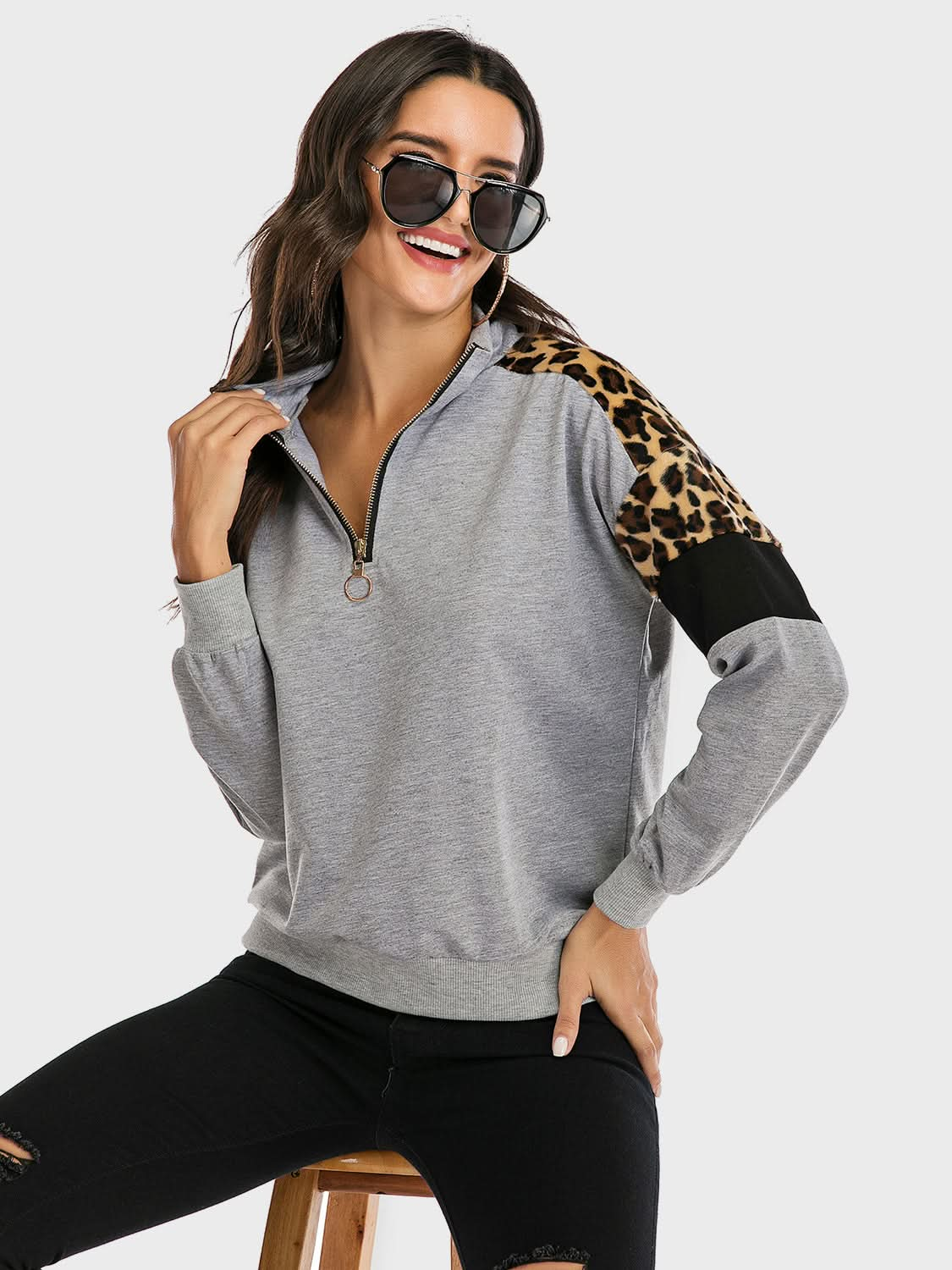 Perfee Contrast Leopard Half Zip Long Sleeve Sweatshirt