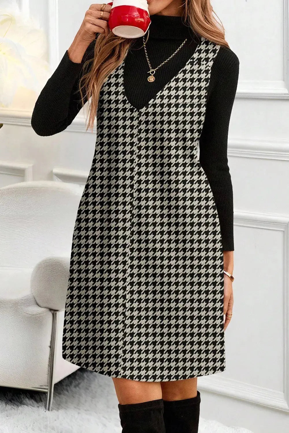 Houndstooth V-Neck Sleeveless Mini Dress Simply Love