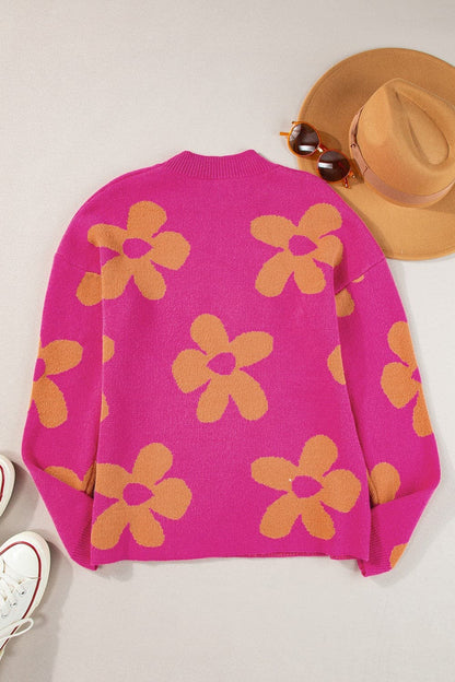 Flower Round Neck Long Sleeve Sweater.