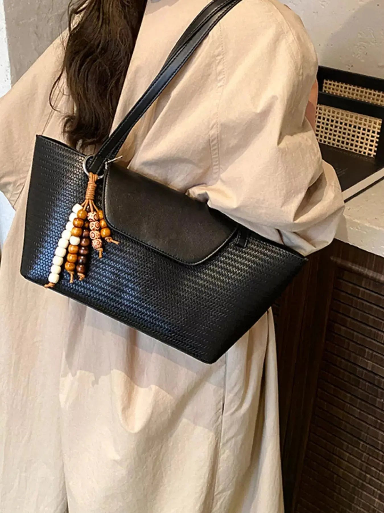 Texture Tote Bag with Beaded Charm Simply Love