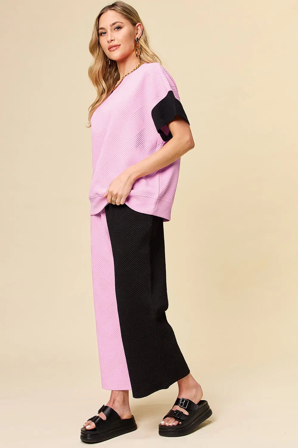 Double Take Full Size Texture Contrast T-Shirt and Wide Leg Pants Set - Love Salve