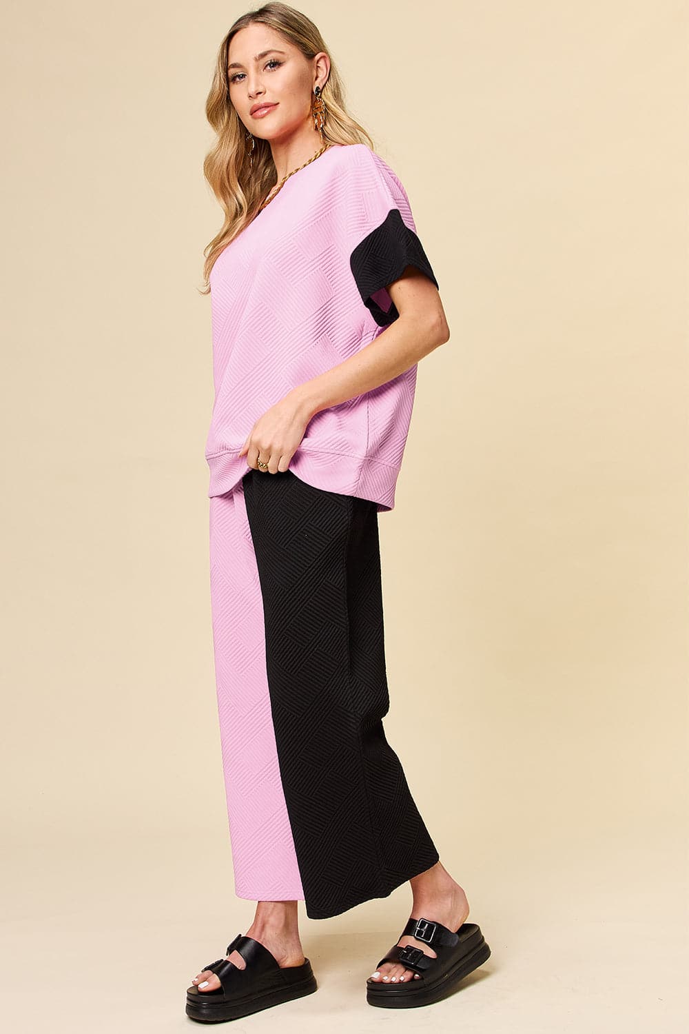 Double Take Full Size Texture Contrast T-Shirt and Wide Leg Pants Set.