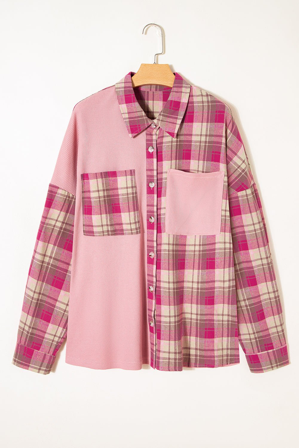 Pink Waffle Patch Pocket Plaid Patchwork Plus Size Shirt Dear-Lover Dropshipping