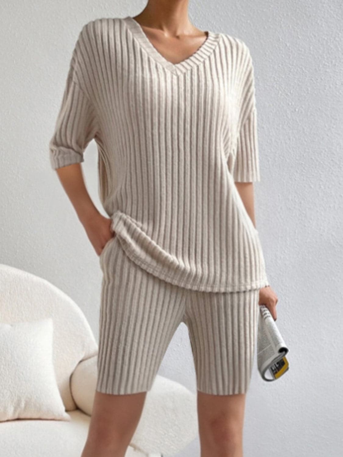 Ribbed V-Neck Top and Shorts Set.