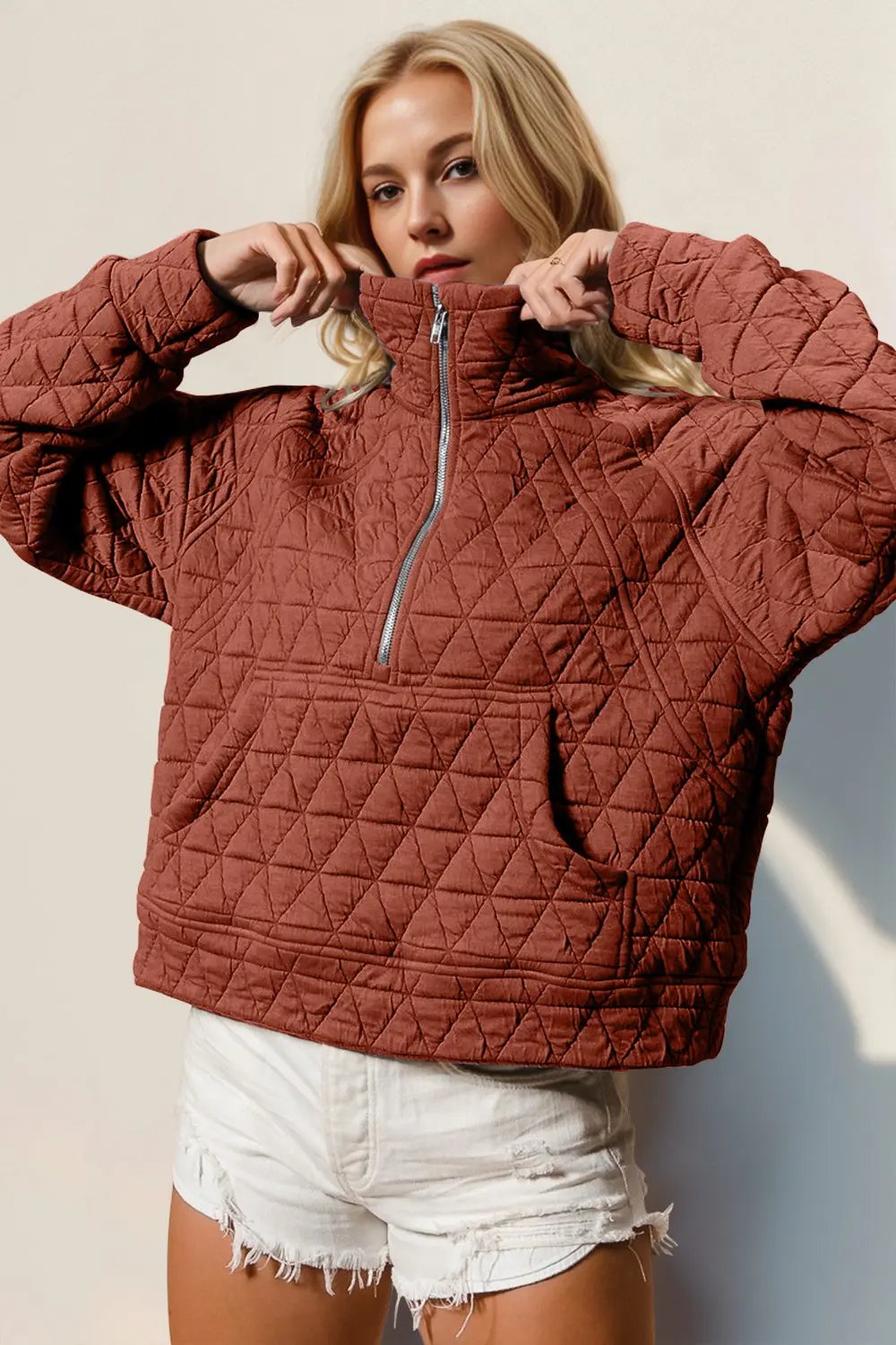 Double Take Half Zip Long Sleeve Quilted Sweatshirt with Pocket - Love Salve