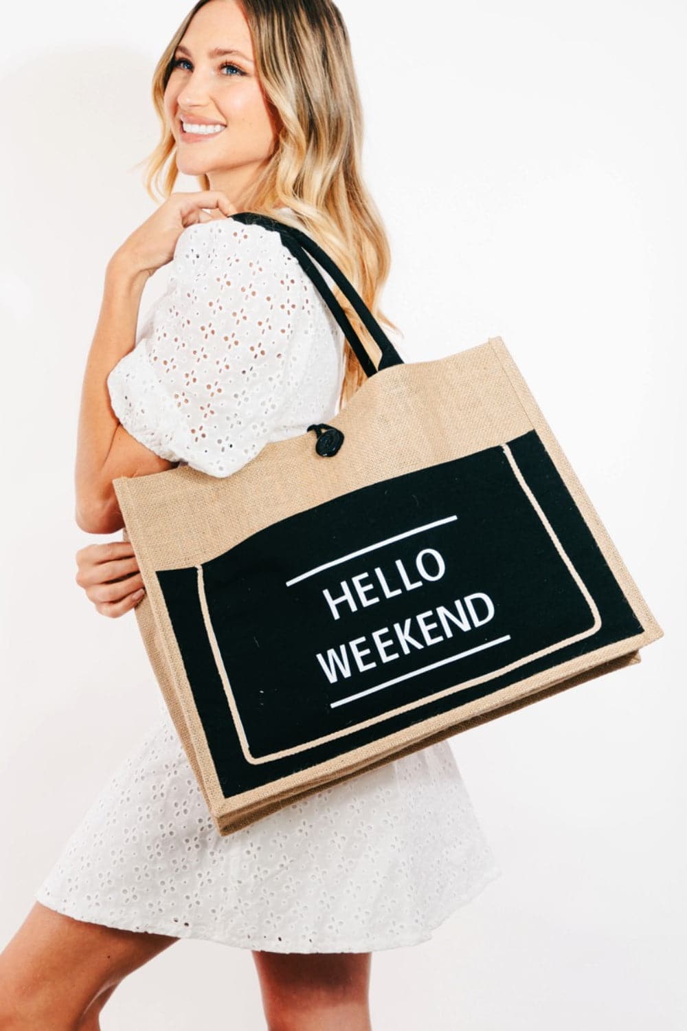 Fame Hello Weekend Burlap Tote Bag.