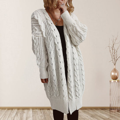 Cable-Knit Open Front Dropped Shoulder Cardigan.