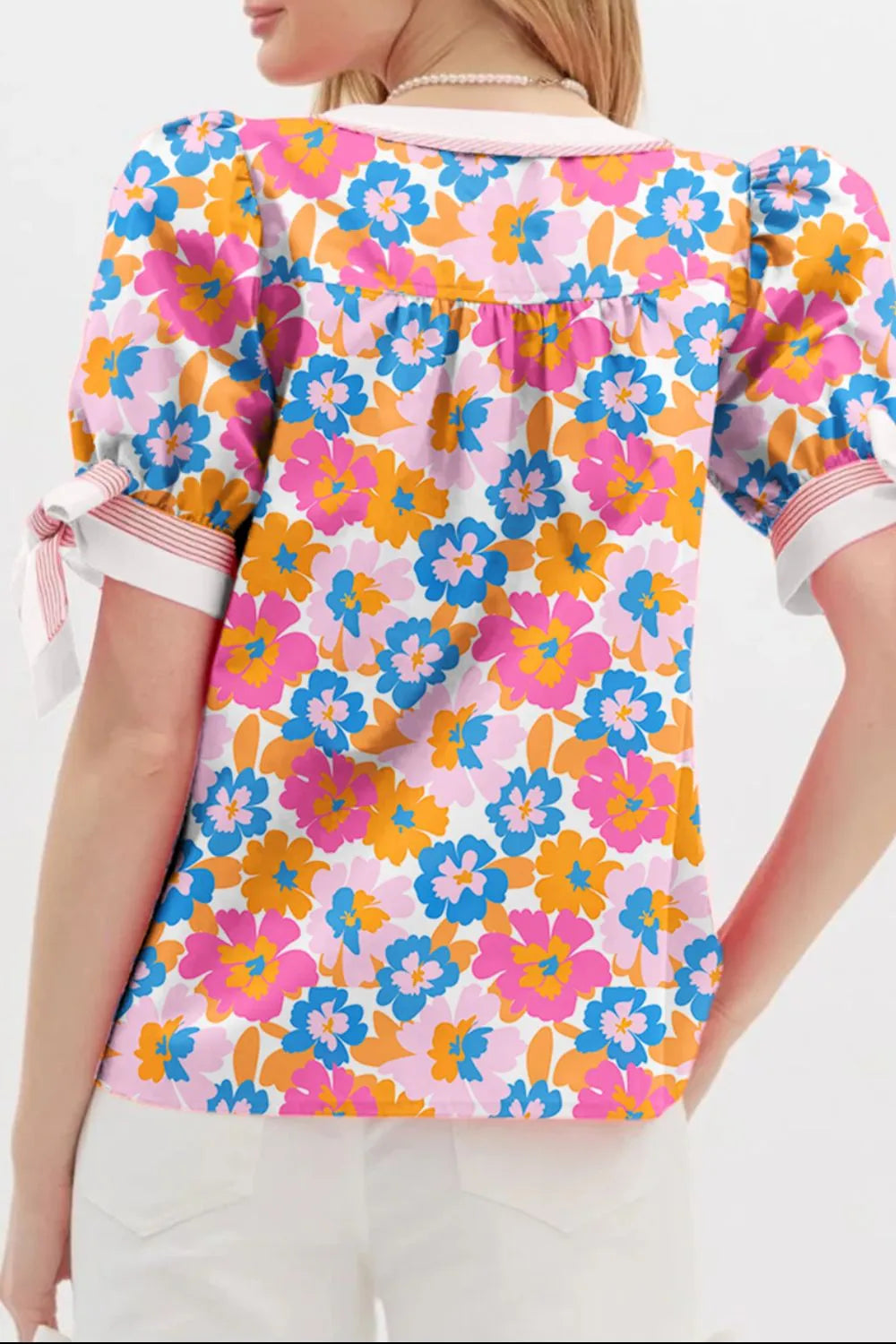 Floral Striped Edge V Neck Knotted Short Sleeve Blouse