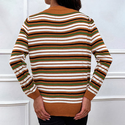 Striped Round Neck Long Sleeve Sweater.