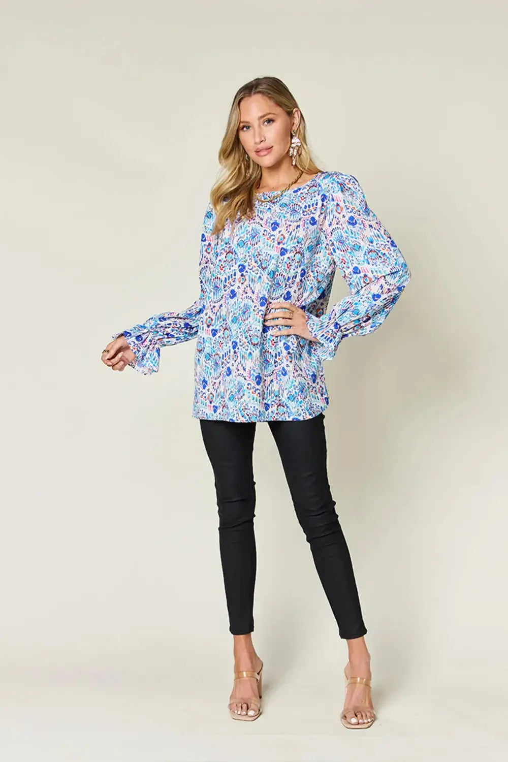 Double Take Full Size Printed Flounce Sleeve Blouse - Love Salve