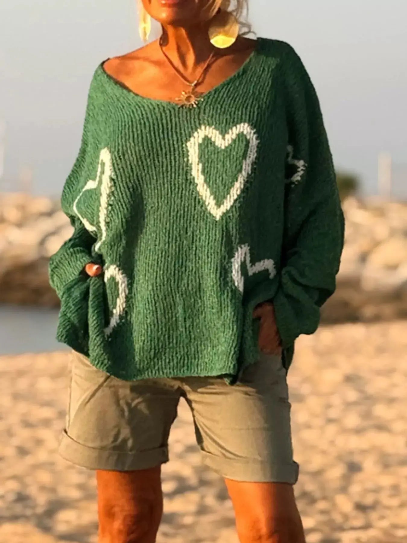 Heart V-Neck Dropped Shoulder Sweater Simply Love