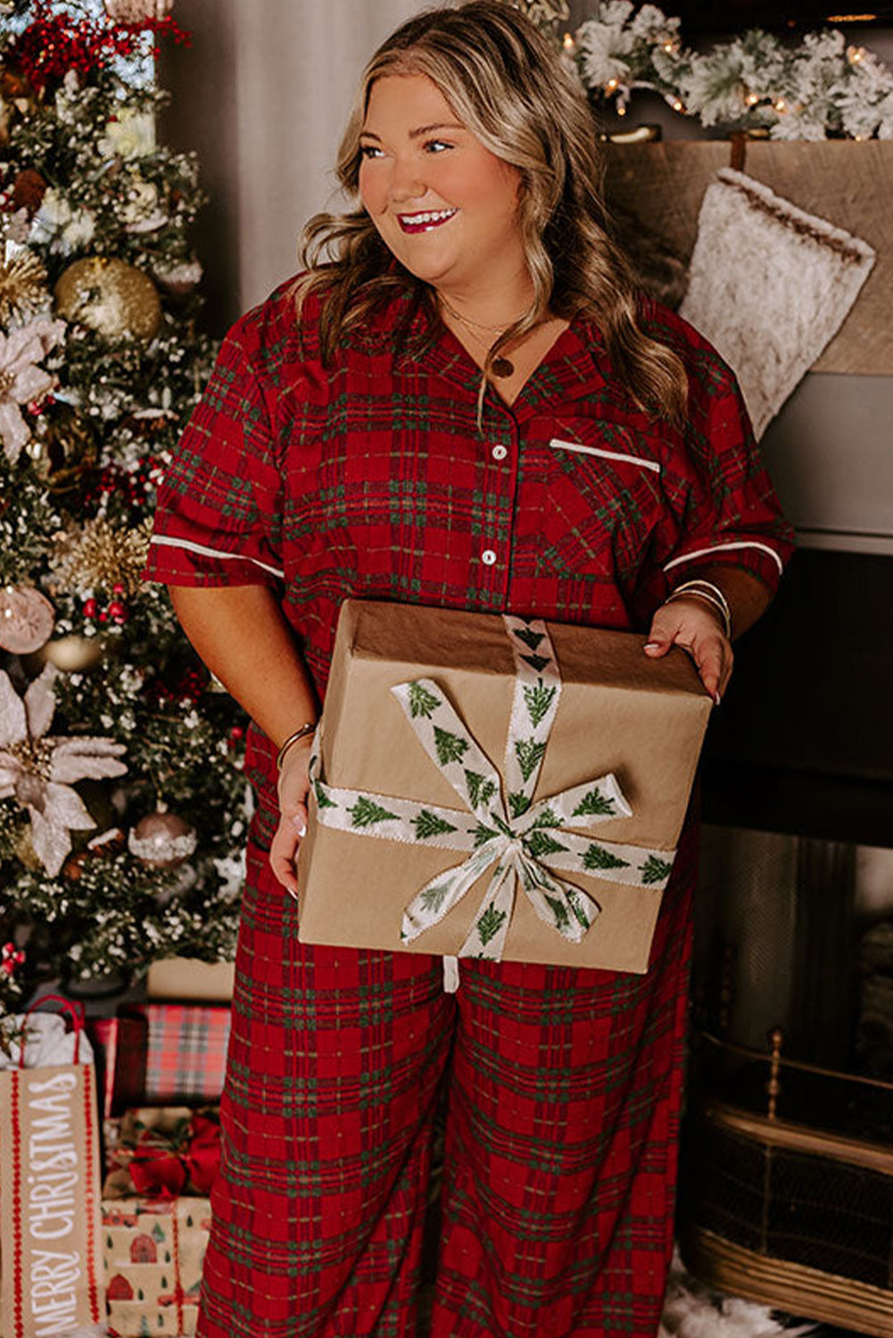 Red Plus Size Plaid Short Sleeve Shirt Loose Pants 2pcs Pajama Set Dear-Lover Dropshipping