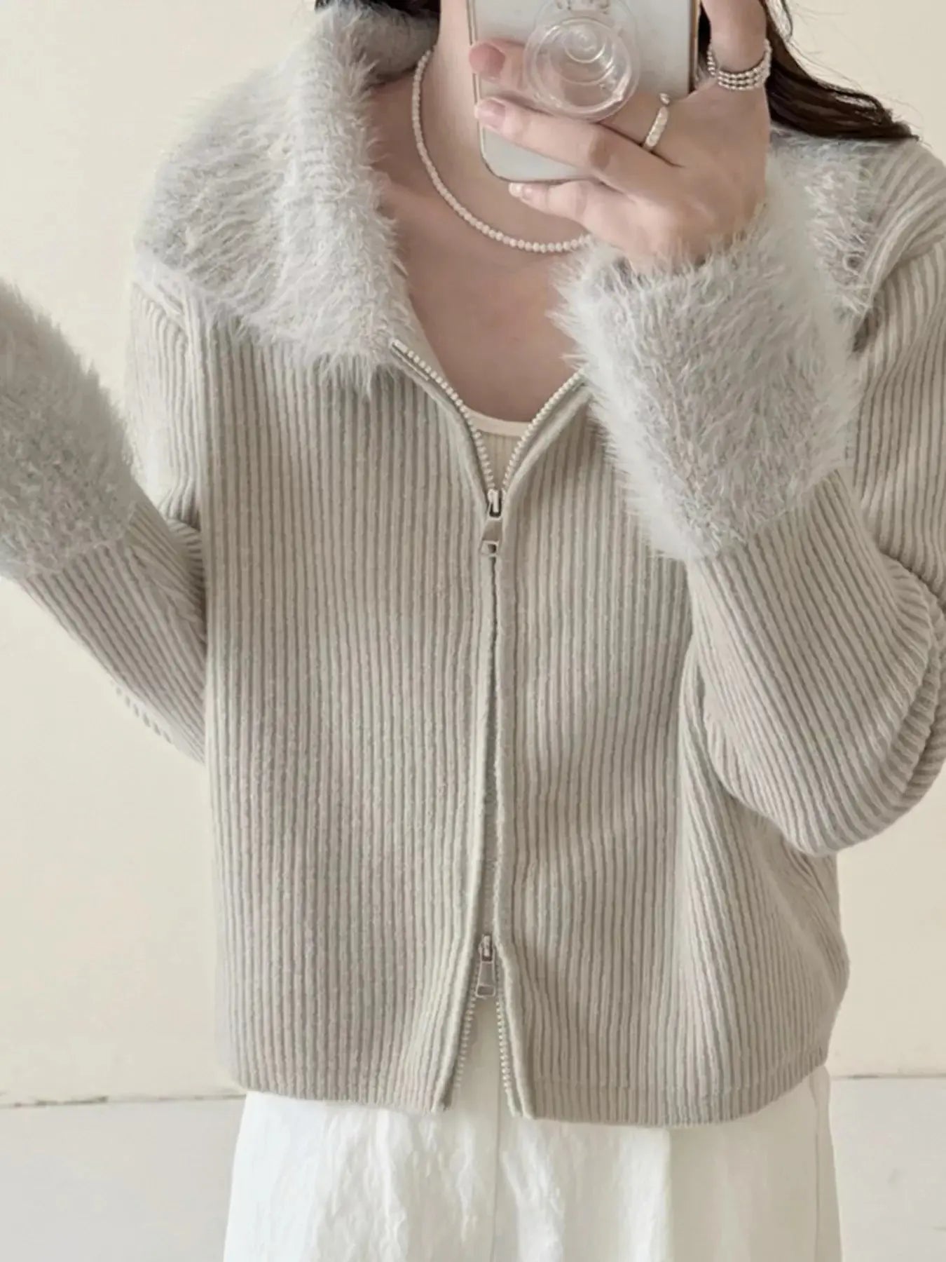 Fluffy Trim Zip-Up Cardigan Simply Love