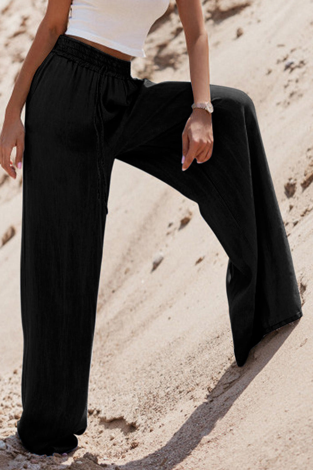 Chic black drawstring wide leg denim trousers with high waist design