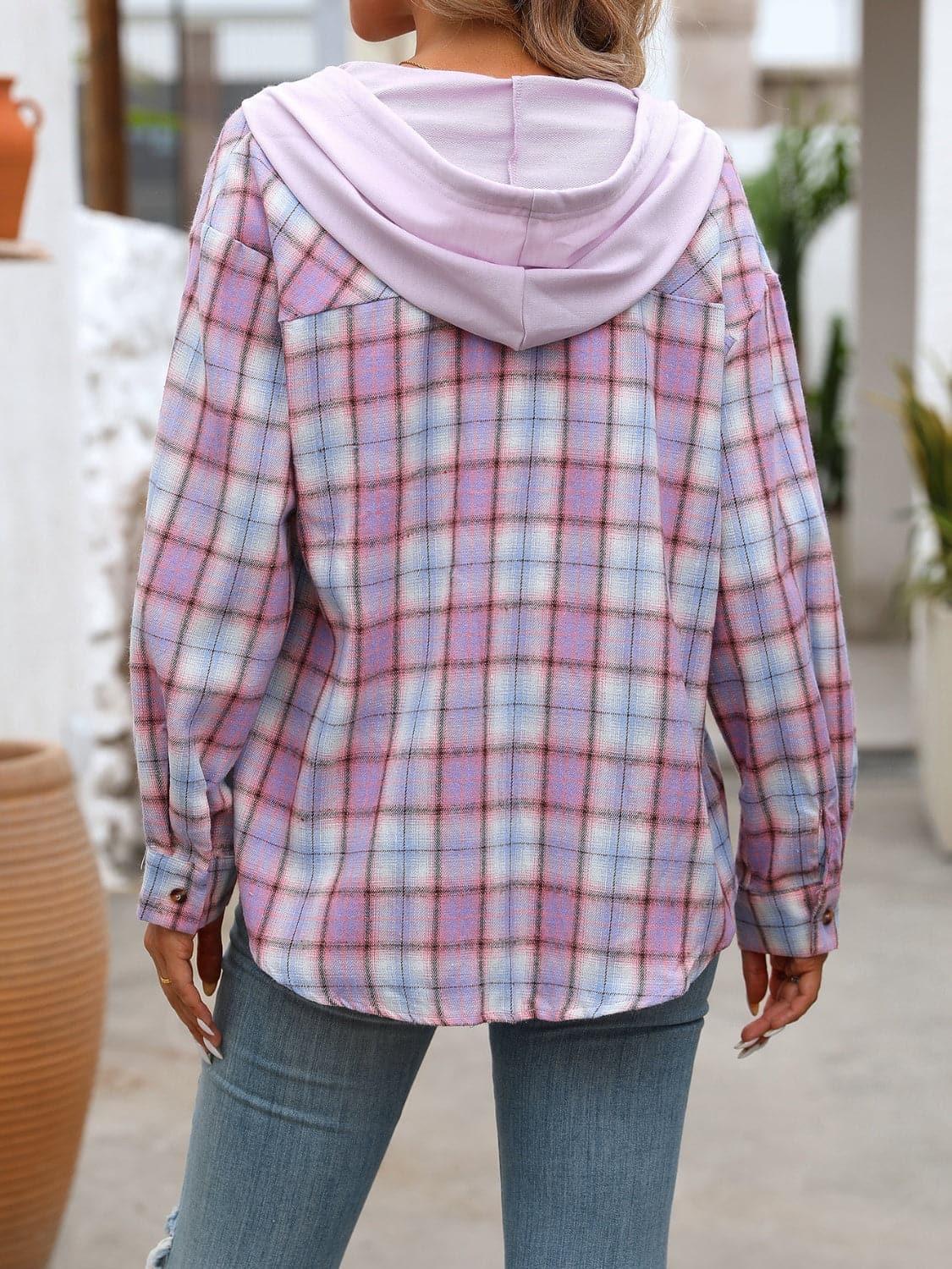 Plaid Long Sleeve Hooded Jacket.