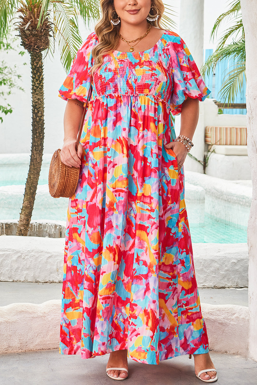 Rose Abstract Printed Puff Sleeve Square Neck Plus Size Dress With Smocked Bust Dear-Lover Dropshipping