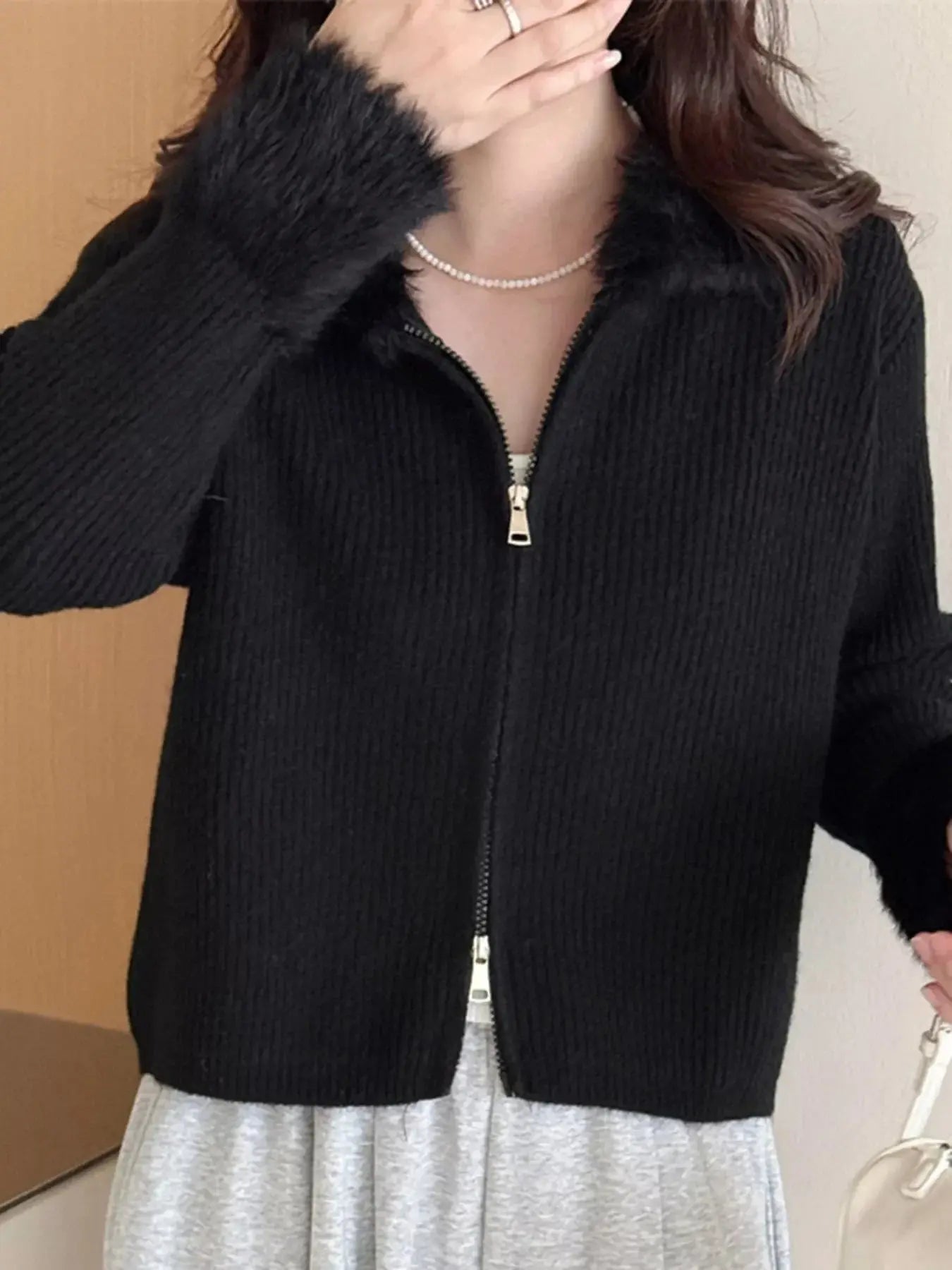 Fluffy Trim Zip-Up Cardigan Simply Love