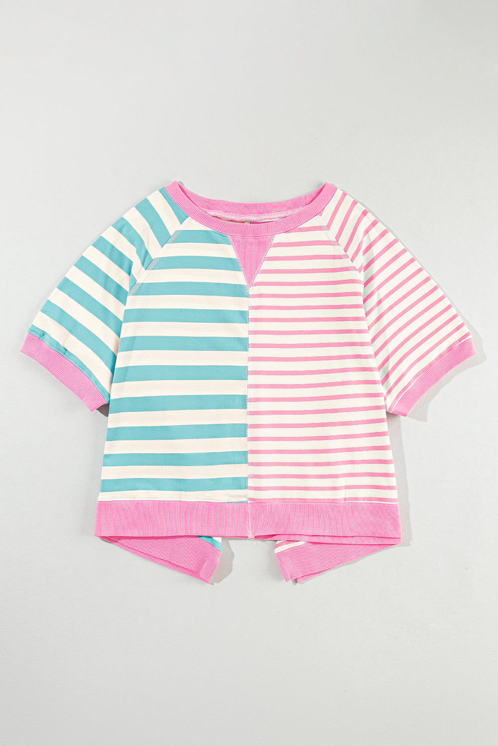 Chic pink stripe oversized patchwork tee for effortless style