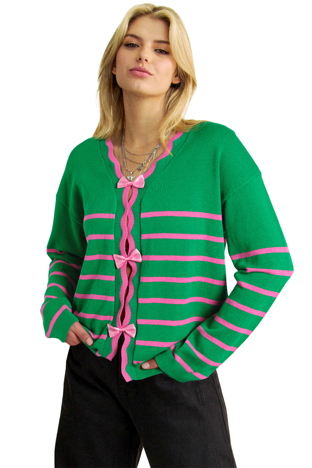 Charming Green Striped Knit Cardigan with Bow Detail