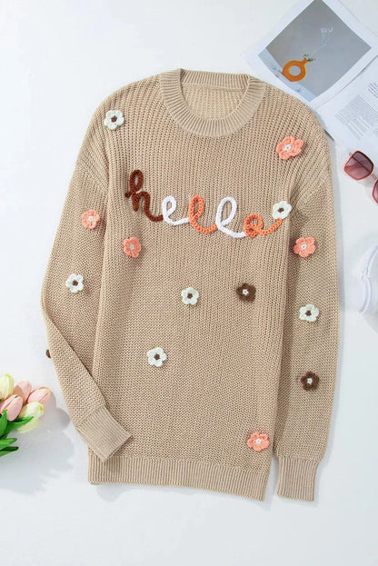 Floral print round neck long sleeve pullover sweater