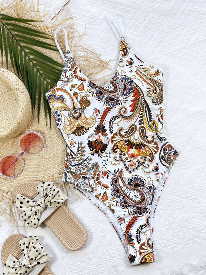 Printed Tie Back Scoop Neck One-Piece Swimsuit.