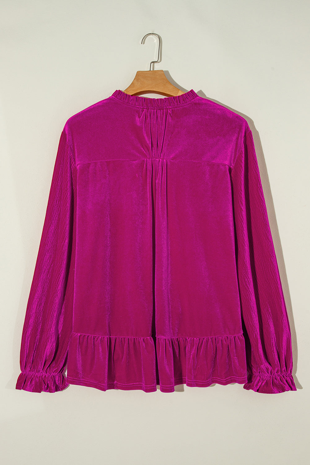 Chic bright pink velvet blouse with ruffled sleeves for plus sizes