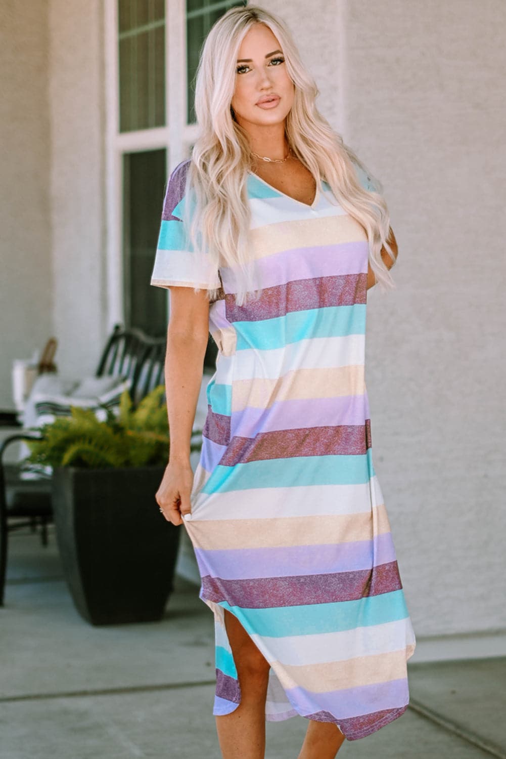 Striped V-Neck Curved Hem Midi Dress.