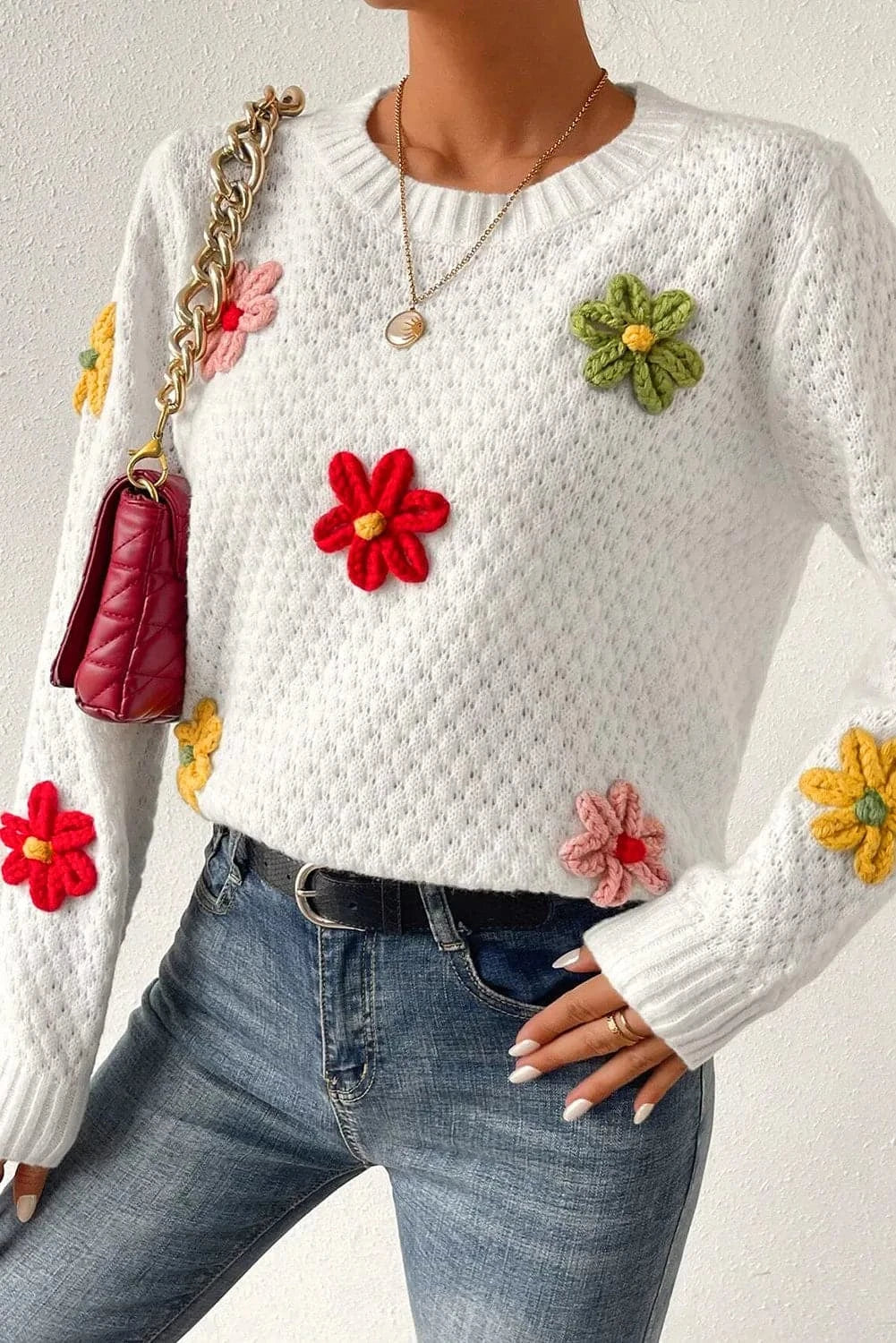 Floral crochet round neck knit sweater