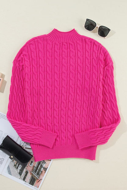 Cable-Knit Mock Neck Long Sleeve Sweater.