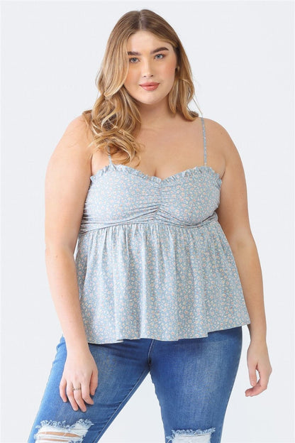 Zenobia Plus Size Frill Smocked Floral Sweetheart Neck Cami.