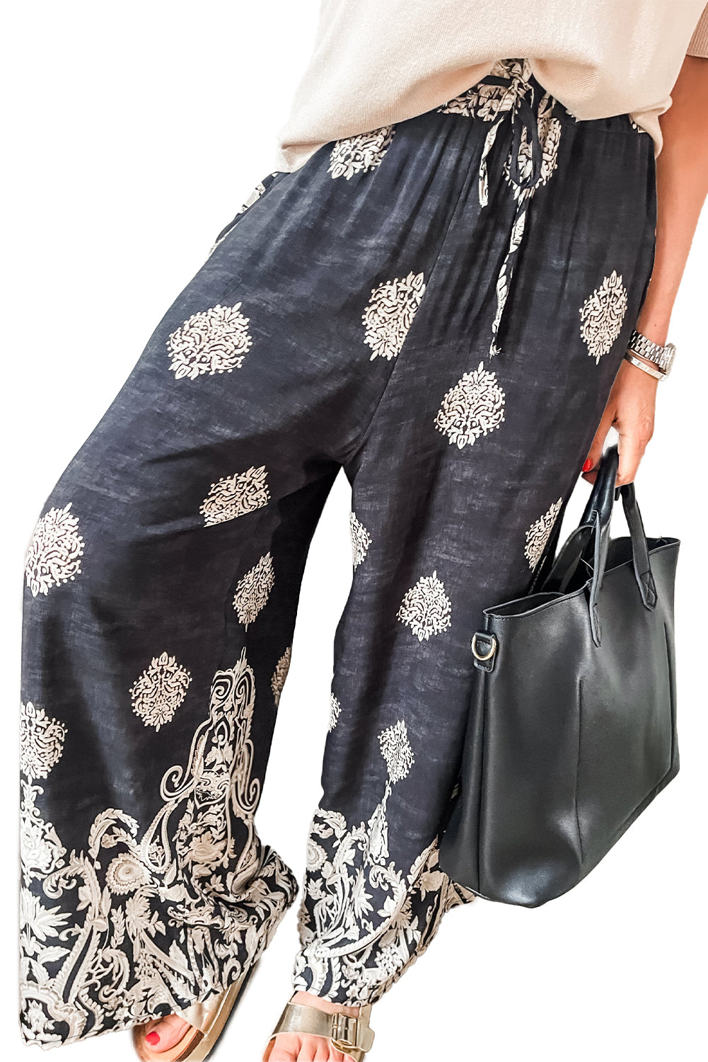 Boho black wide-leg trousers