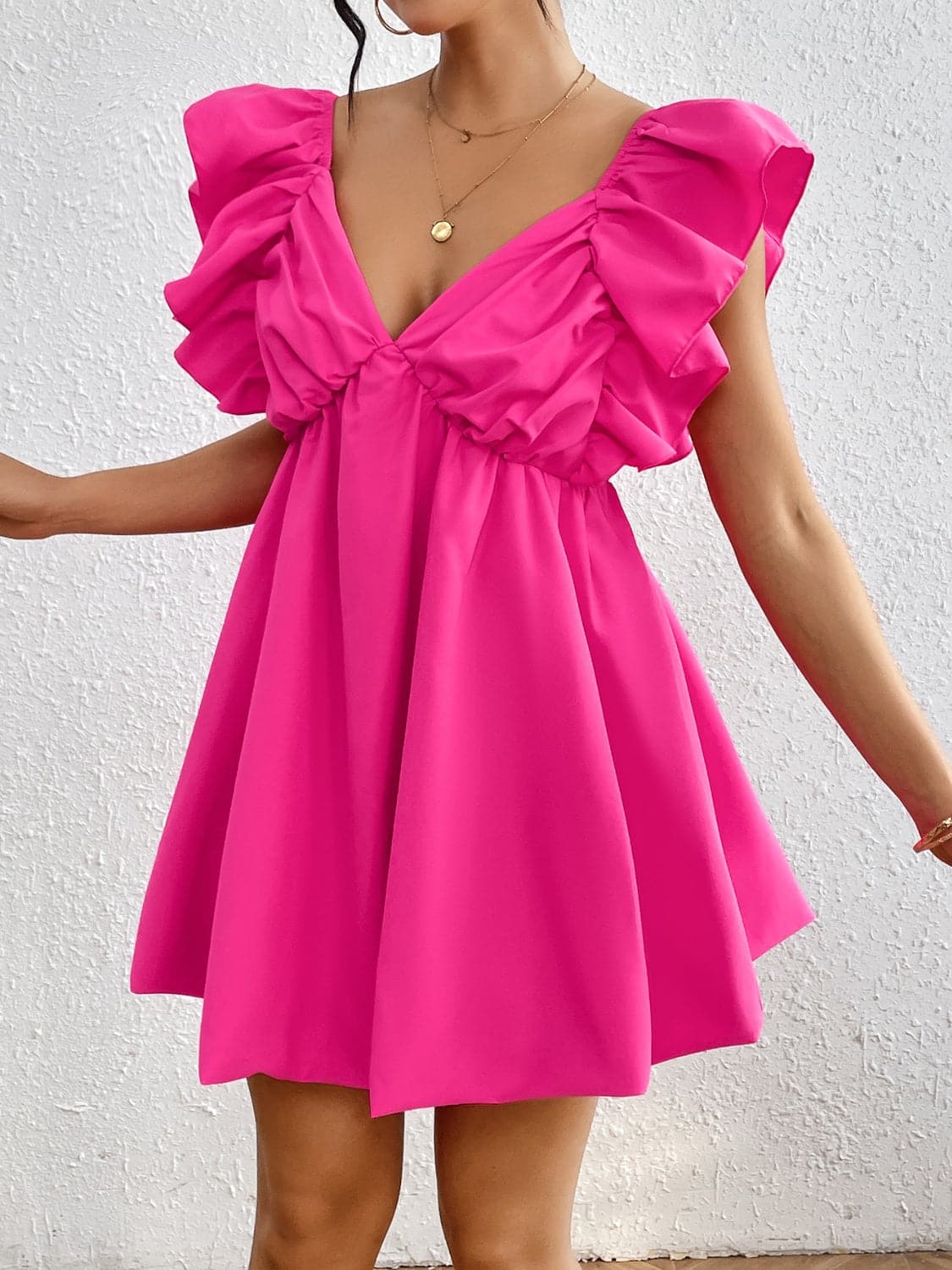 Ruffled V-Neck Cap Sleeve Mini Dress.