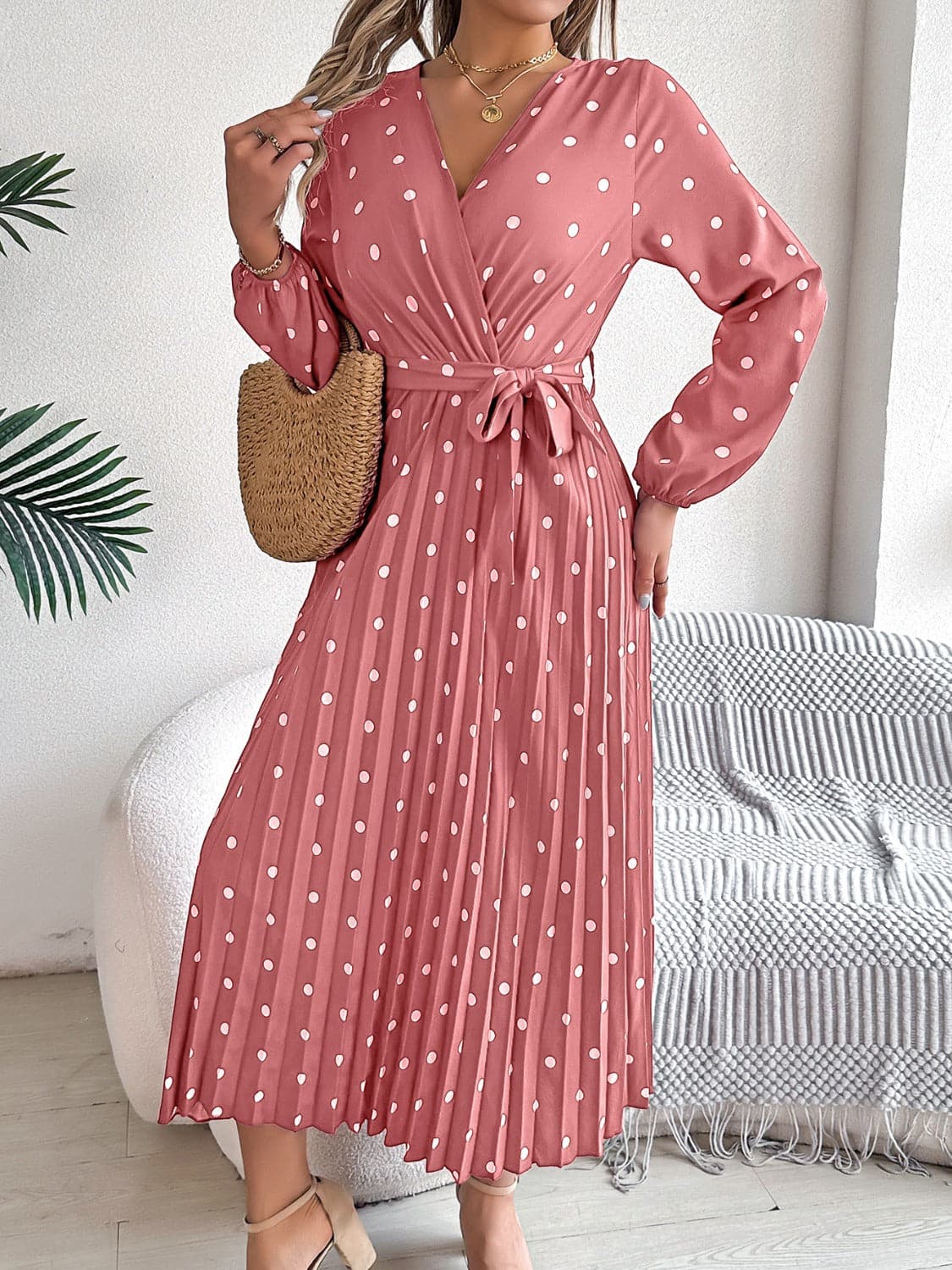 Tied Polka Dot Long Sleeve Midi Dress.