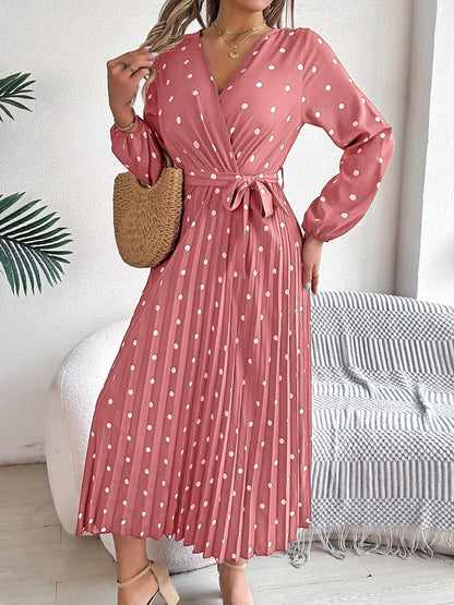 Tied Polka Dot Long Sleeve Midi Dress.