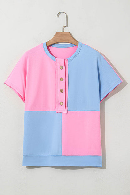 Myosotis Two Tone Half Buttons Collared T Shirt for Women