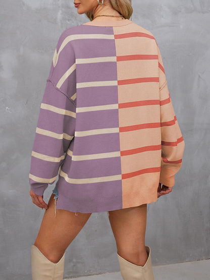 Striped Round Neck Long Sleeve Sweater.