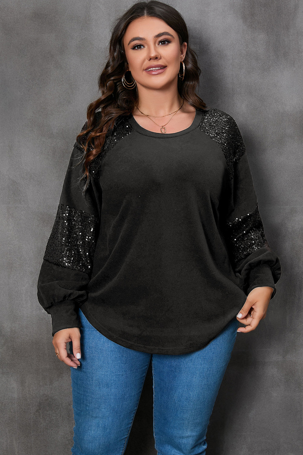 Glamorous black plus size sequin patchwork long sleeve top