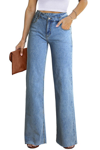 Blue Mid Rise Asymmetrical Waist Wide Leg Jeans for Women