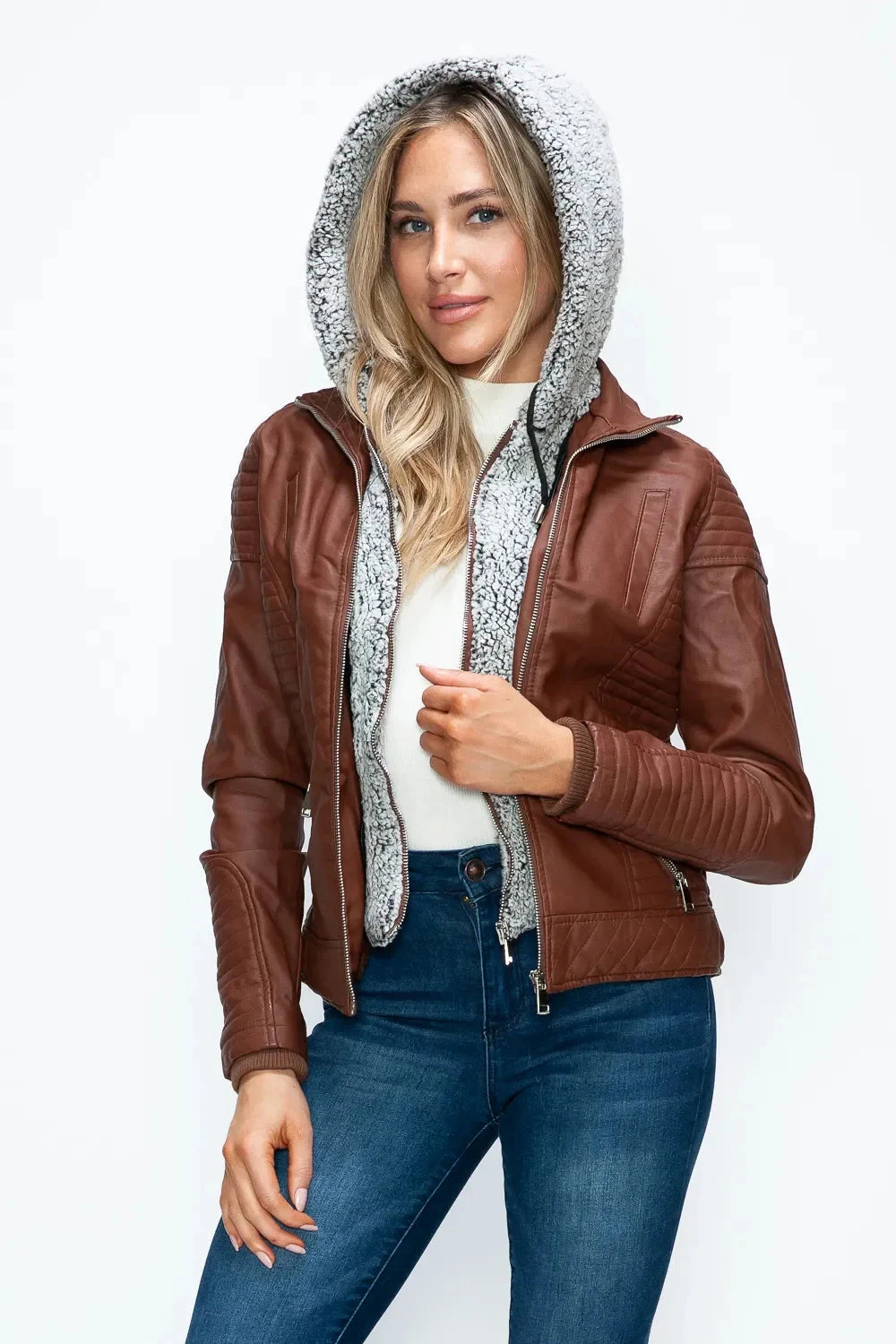 YMI Faux Layered Double-Zipper Jacket with Fuzzy Hood Coco’s Tee Boutique