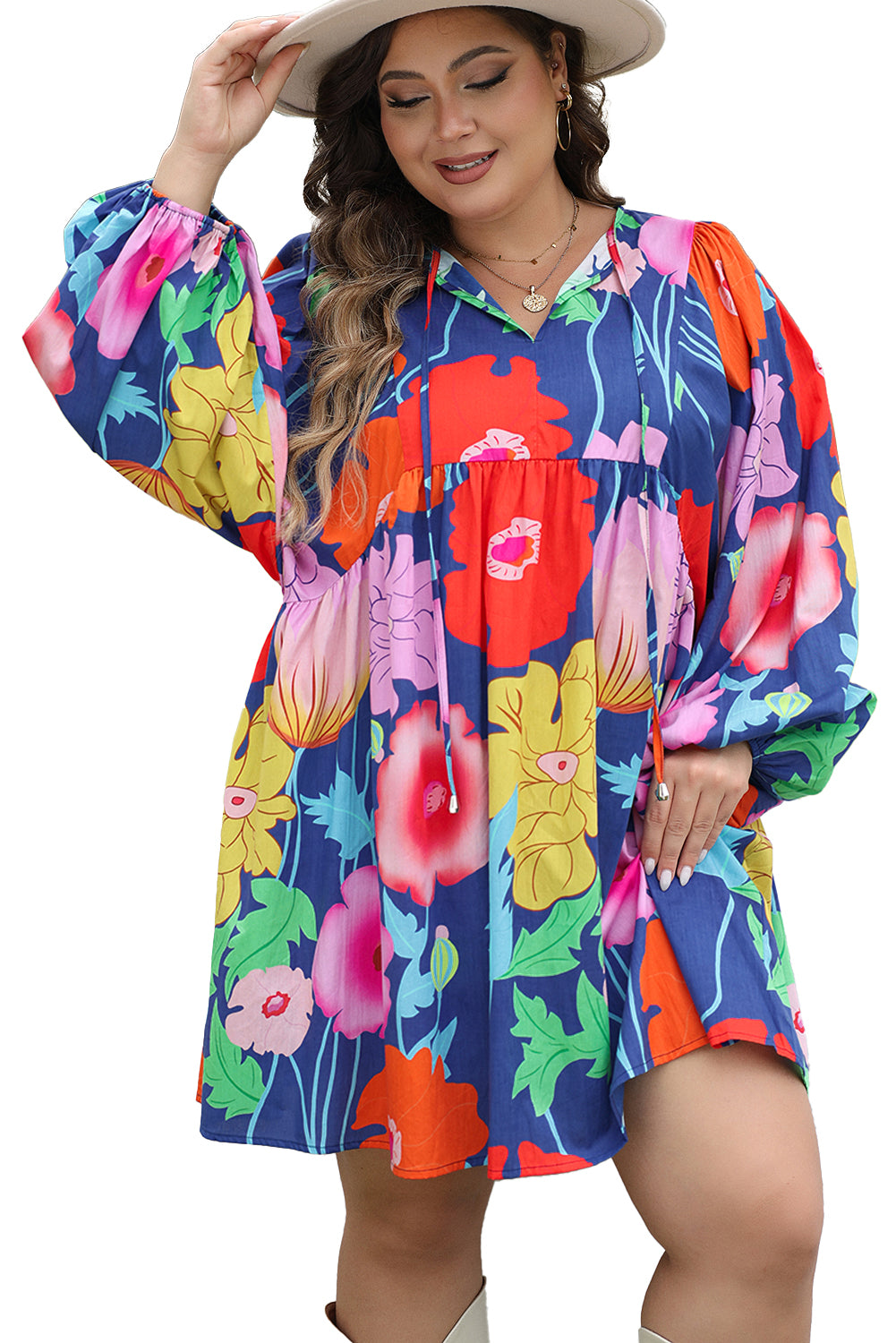 Floral V-neck babydoll dress with balloon sleeves in plus sizes