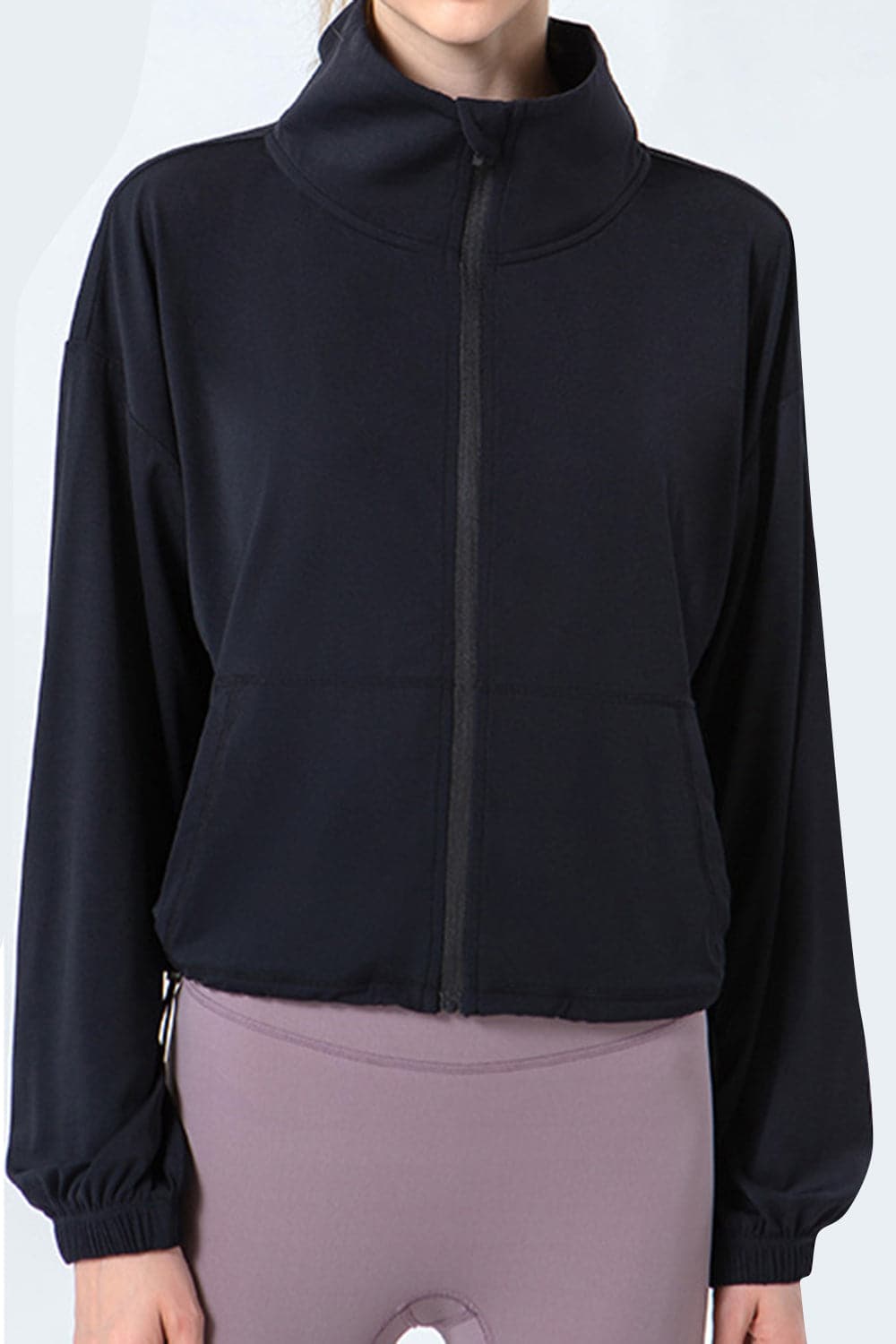 Drawstring Zip Up Dropped Shoulder Active Outerwear.