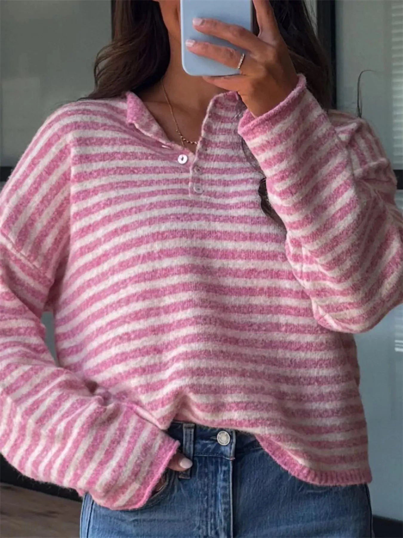 Button Detail Dropped Shoulder Striped Sweater Simply Love