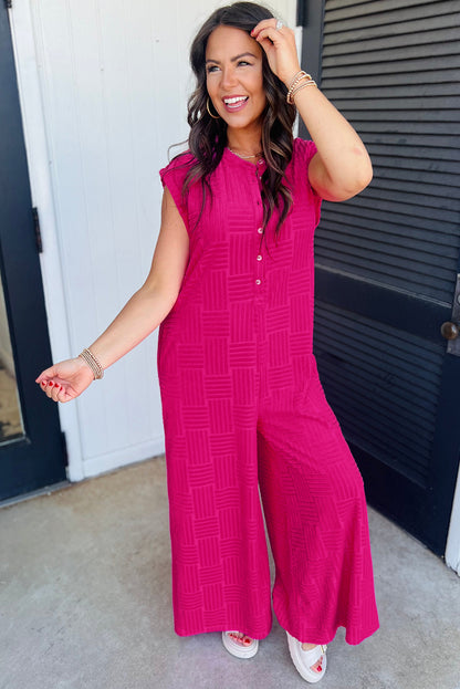 Bright Pink Terry Textured Sleeveless Button Front Wide Leg Jumpsuit