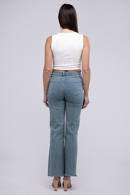 Trendy acid wash frayed hem wide-leg pants