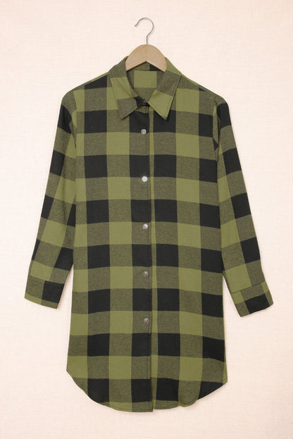 Chic green plaid longline shirt coat with turn-down collar