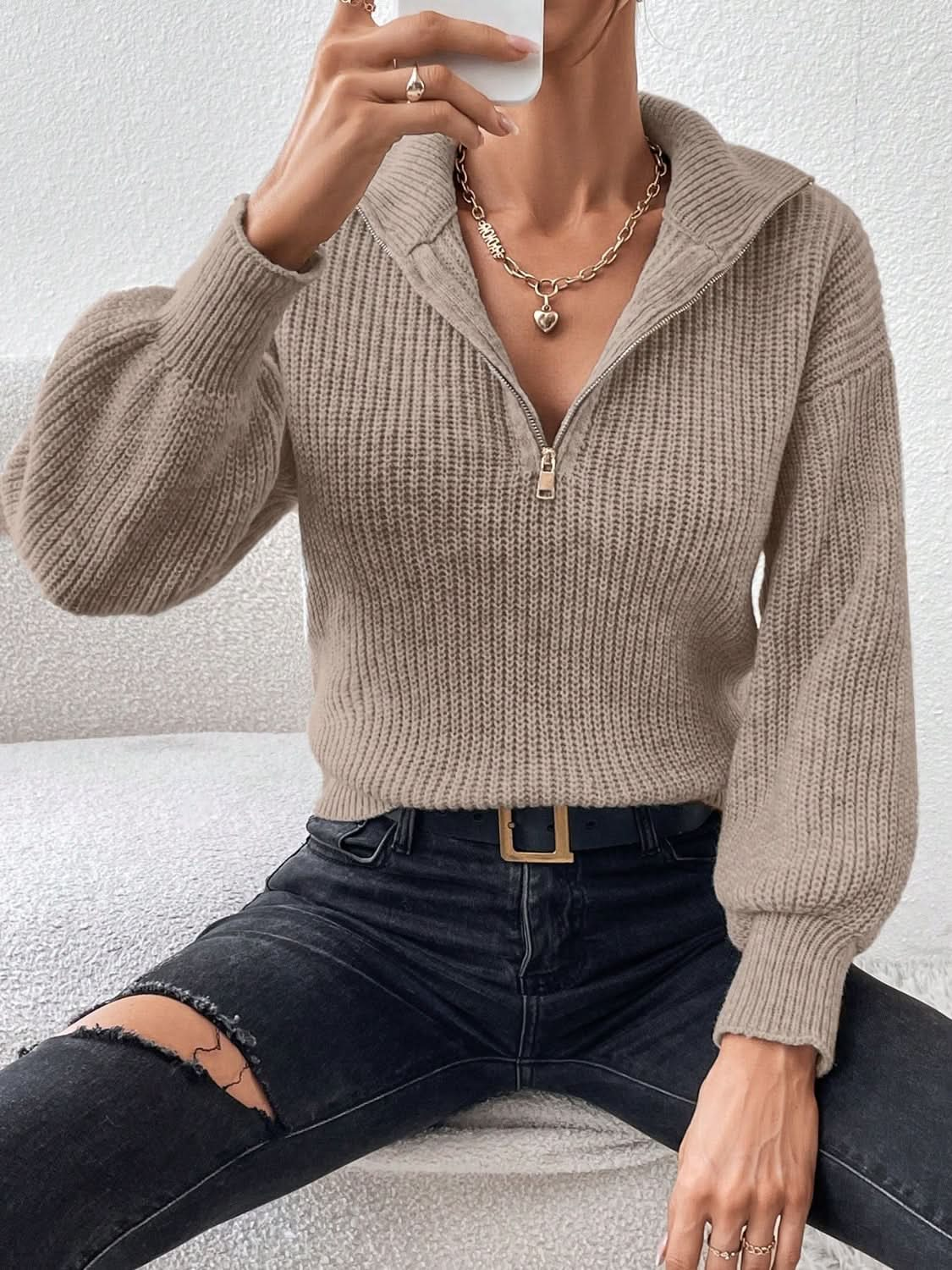 Cozy Honey Acrylic Half Zip Sweater with Dropped Shoulders