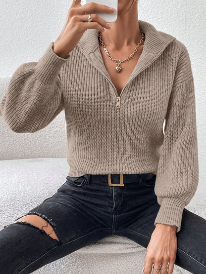 Cozy Honey Acrylic Half Zip Sweater with Dropped Shoulders